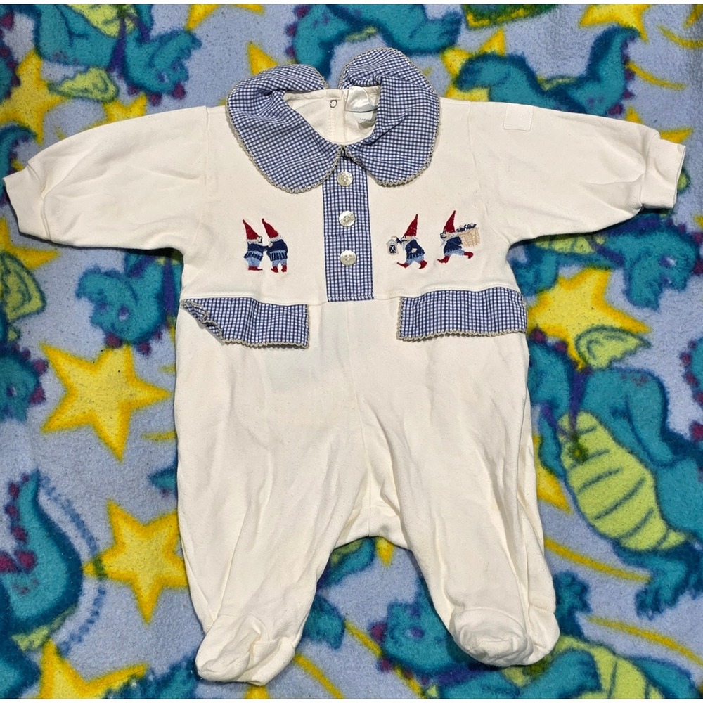 Vintage Tartine et Chocolat Gnome Embroidered Gingham Footed Sleeper White Blue